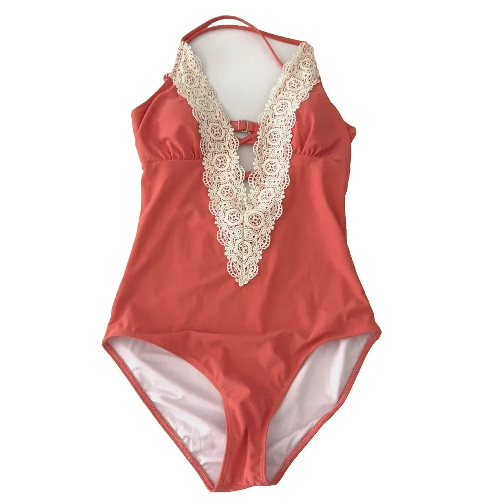 CUPSHE Womens Sz M One Piece Swimsuit Peach Coral Floral Lace Crochet Boho EUC